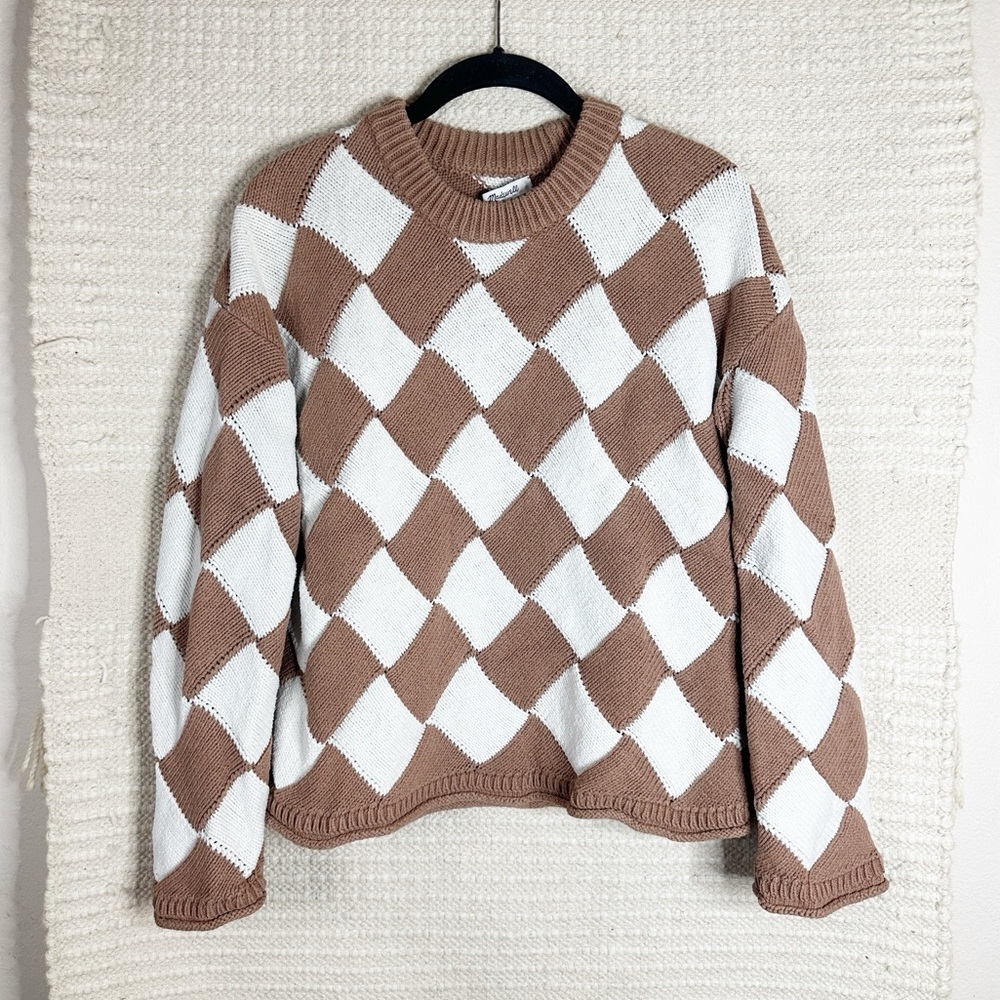 MADEWELL tan and white checkered Merriam crewneck pullover sweater XS